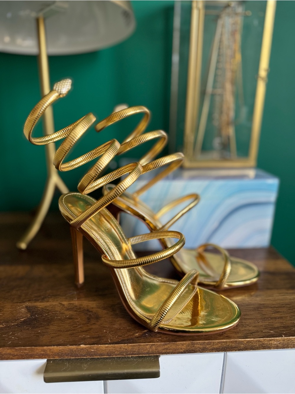 Fashion Nova Gold Spiral-Strap Stiletto Sandals